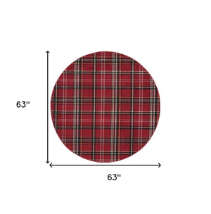 Homeroots 5' Red And Black Round Plaid Power Loom Area Rug  Polypropylene 546083