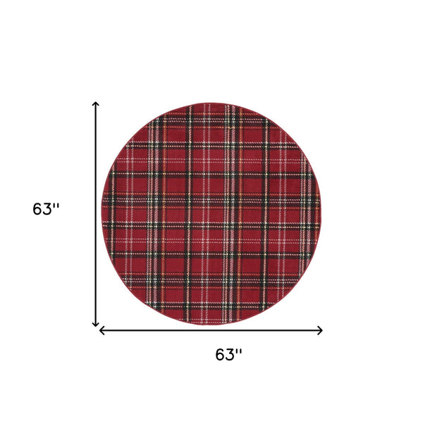 Homeroots 5' Red And Black Round Plaid Power Loom Area Rug  Polypropylene 546083
