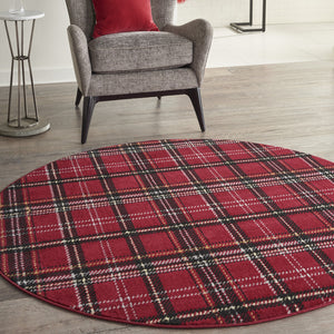 Homeroots 5' Red And Black Round Plaid Power Loom Area Rug  Polypropylene 546083