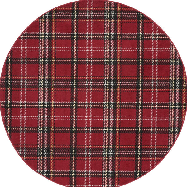 Homeroots 5' Red And Black Round Plaid Power Loom Area Rug  Polypropylene 546083