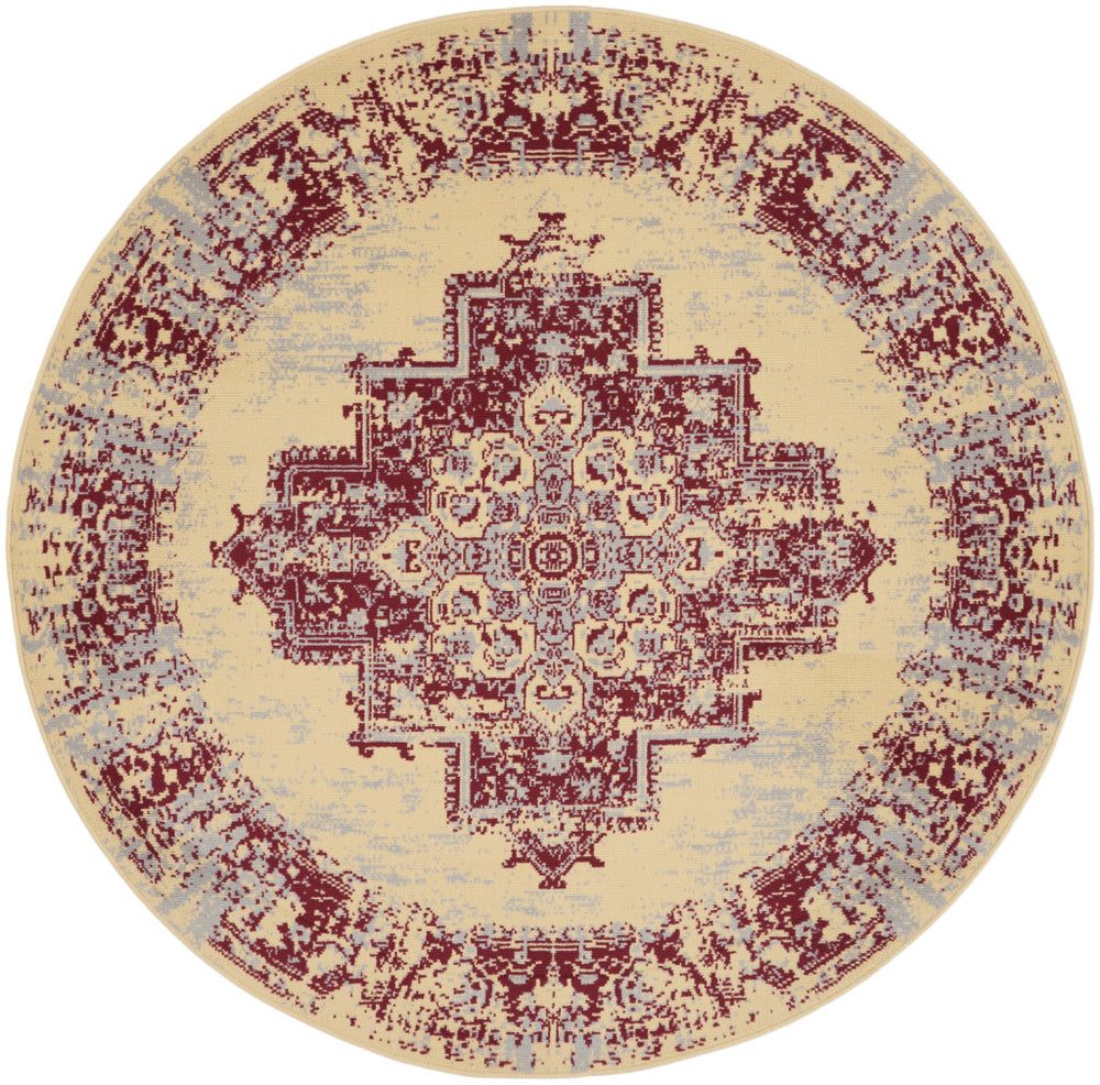 Homeroots 5' Cream Gray And Red Medallion Distressed Non Skid Round Rug  Polypropylene 546086