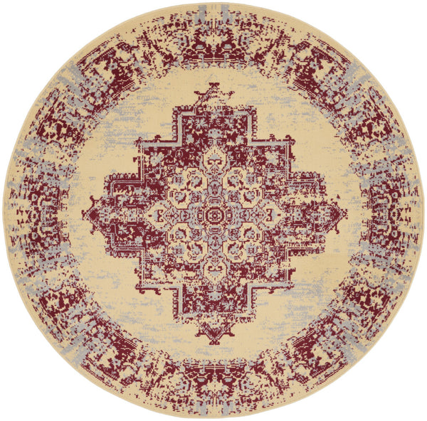 Homeroots 5' Cream Gray And Red Medallion Distressed Non Skid Round Rug  Polypropylene 546086