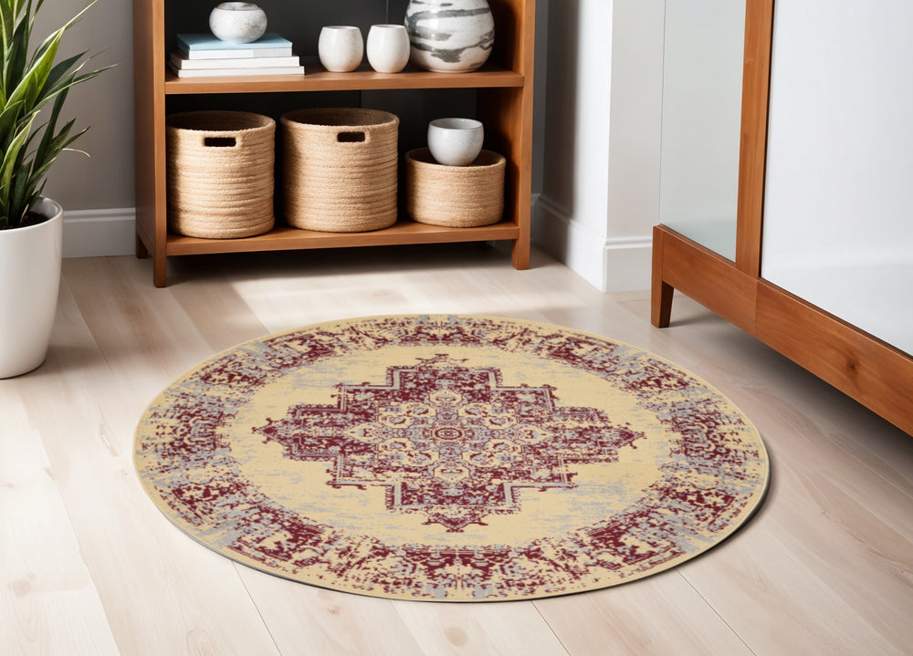 Homeroots 5' Cream Gray And Red Medallion Distressed Non Skid Round Rug  Polypropylene 546086