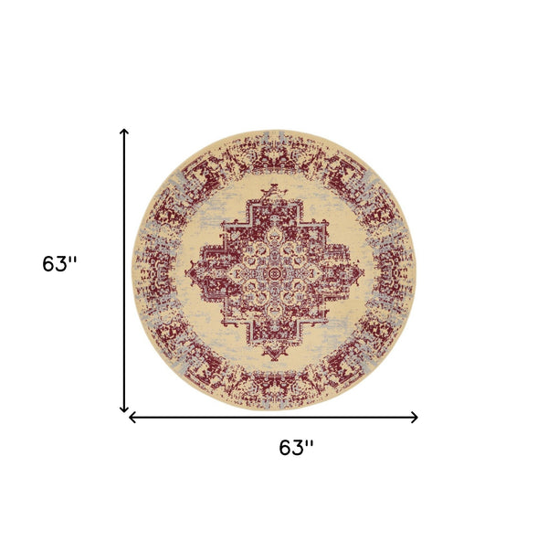 Homeroots 5' Cream Gray And Red Medallion Distressed Non Skid Round Rug  Polypropylene 546086