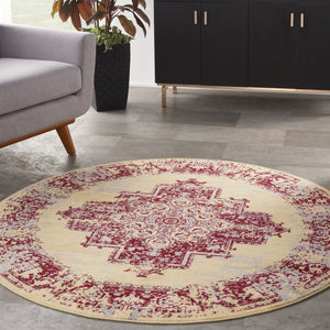 Homeroots 5' Cream Gray And Red Medallion Distressed Non Skid Round Rug  Polypropylene 546086