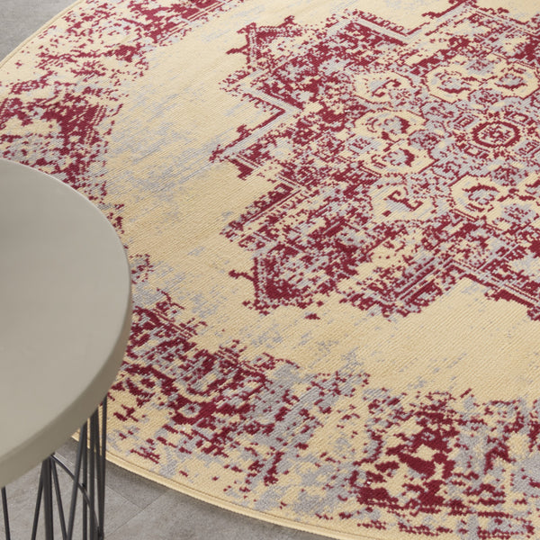 Homeroots 5' Cream Gray And Red Medallion Distressed Non Skid Round Rug  Polypropylene 546086