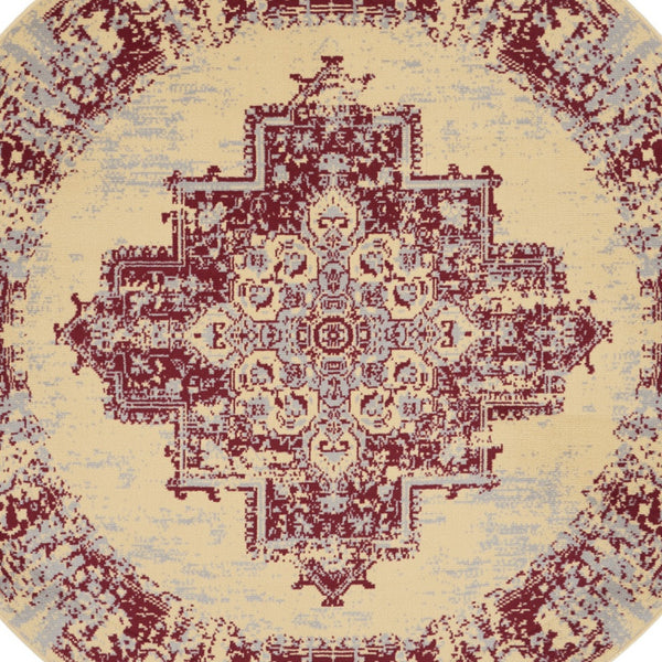Homeroots 5' Cream Gray And Red Medallion Distressed Non Skid Round Rug  Polypropylene 546086