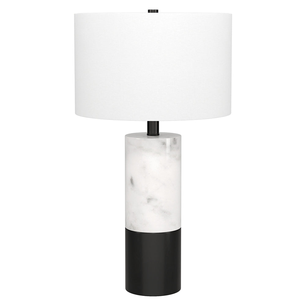 Homeroots 24" Black And White Marble And Metal Cylinder Table Lamp With White Drum Shade   546090