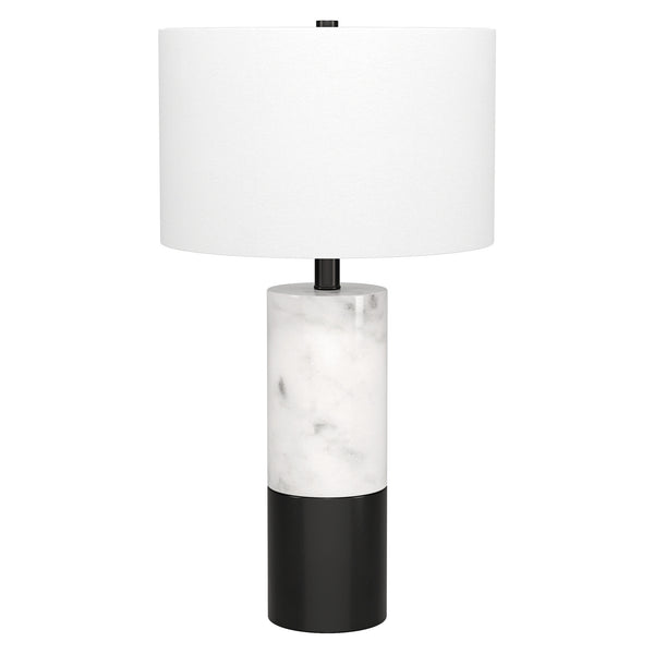 Homeroots 24" Black And White Marble And Metal Cylinder Table Lamp With White Drum Shade   546090