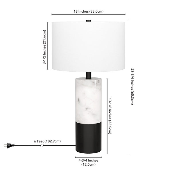 Homeroots 24" Black And White Marble And Metal Cylinder Table Lamp With White Drum Shade   546090