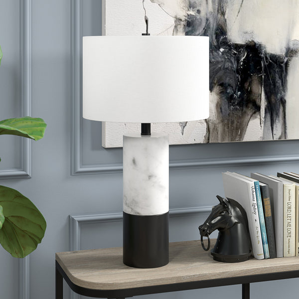 Homeroots 24" Black And White Marble And Metal Cylinder Table Lamp With White Drum Shade   546090
