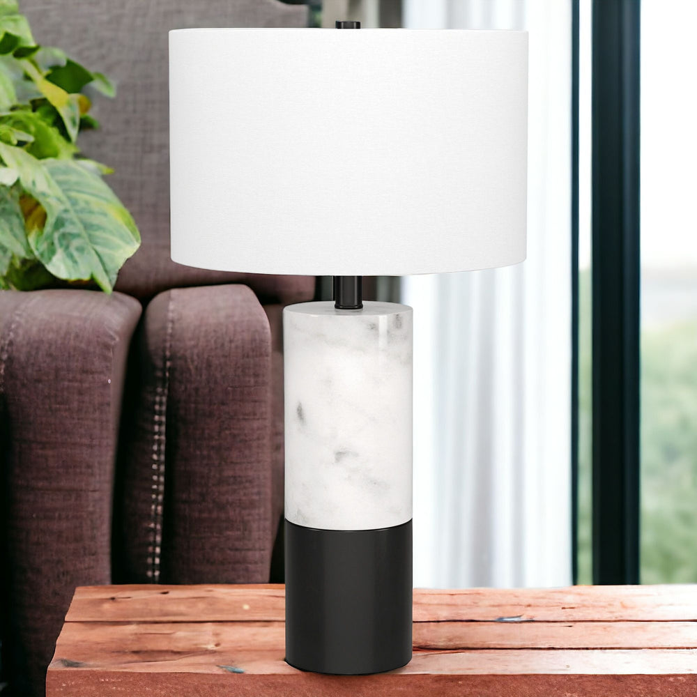 Homeroots 24" Black And White Marble And Metal Cylinder Table Lamp With White Drum Shade   546090