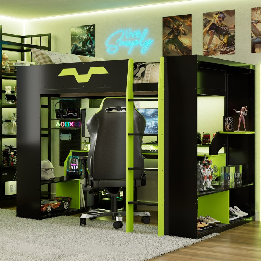 English Elm Full Size Gaming Loft Bed with Rgb Lighting Built-in Desk and Usb Charging Ports Green LT000275AAF