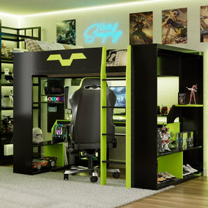 English Elm Full Size Gaming Loft Bed with Rgb Lighting Built-in Desk and Usb Charging Ports Green LT000275AAF