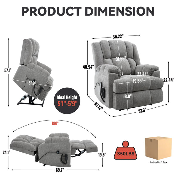 English Elm Dual Motor Power Lift Recliner Chenille Chair with Massage Heat and Infinite Positions Light Gray W3224P288433