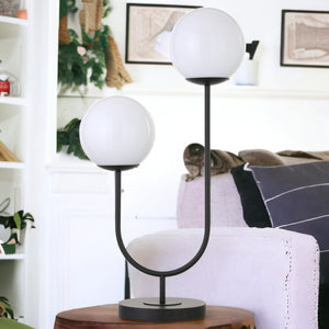 Homeroots 28" Black Metal Two Light Novelty Globe Table Lamp With White Globe Shade   546102
