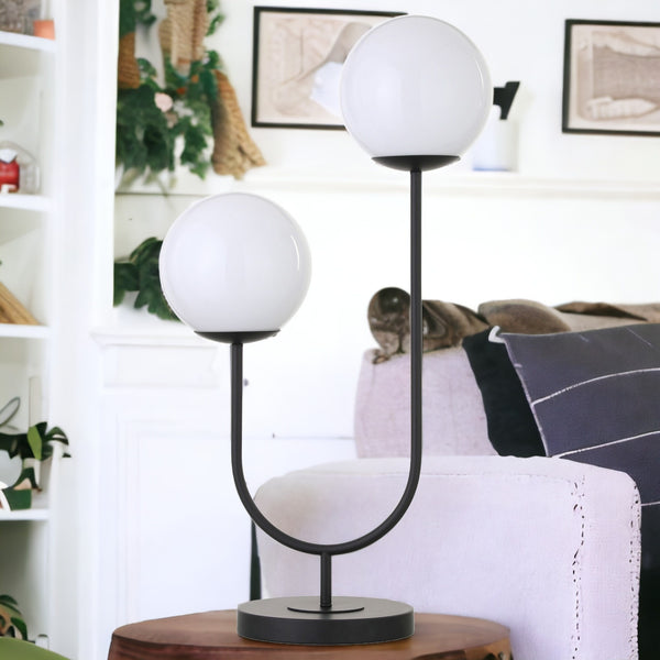 Homeroots 28" Black Metal Two Light Novelty Globe Table Lamp With White Globe Shade   546102