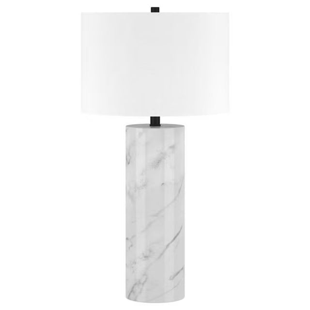 Homeroots 30" White And Gray Marble Table Lamp With White Drum Shade   546109