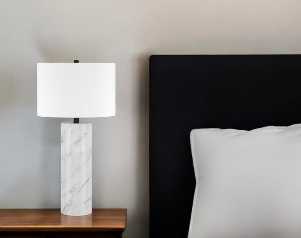 Homeroots 30" White And Gray Marble Table Lamp With White Drum Shade   546109