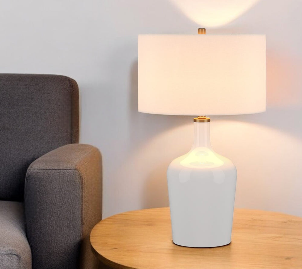 Homeroots 25" White Glass Urn Table Lamp With White Drum Shade   546128