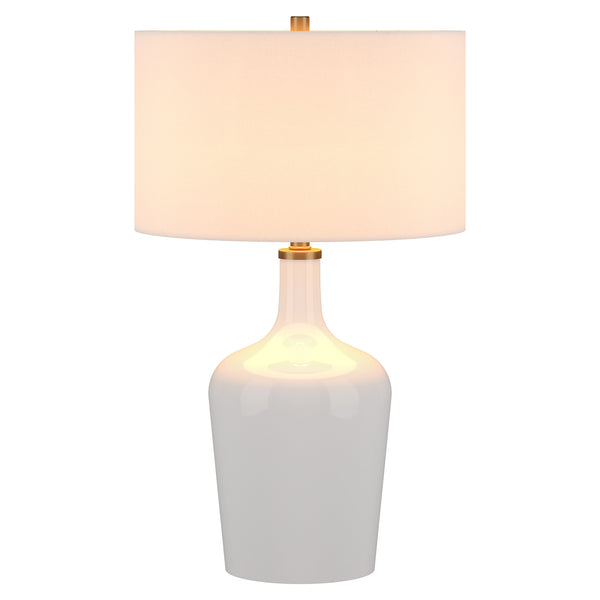 Homeroots 25" White Glass Urn Table Lamp With White Drum Shade   546128