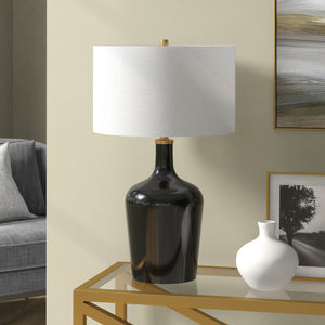 Homeroots 25" Black Glass Urn Table Lamp With White Drum Shade   546129