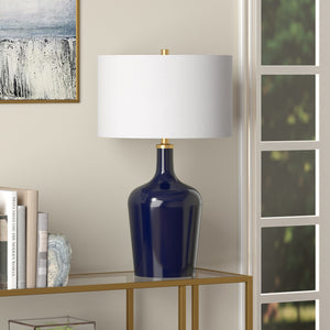 Homeroots 25" Blue Glass Urn Table Lamp With White Drum Shade   546130
