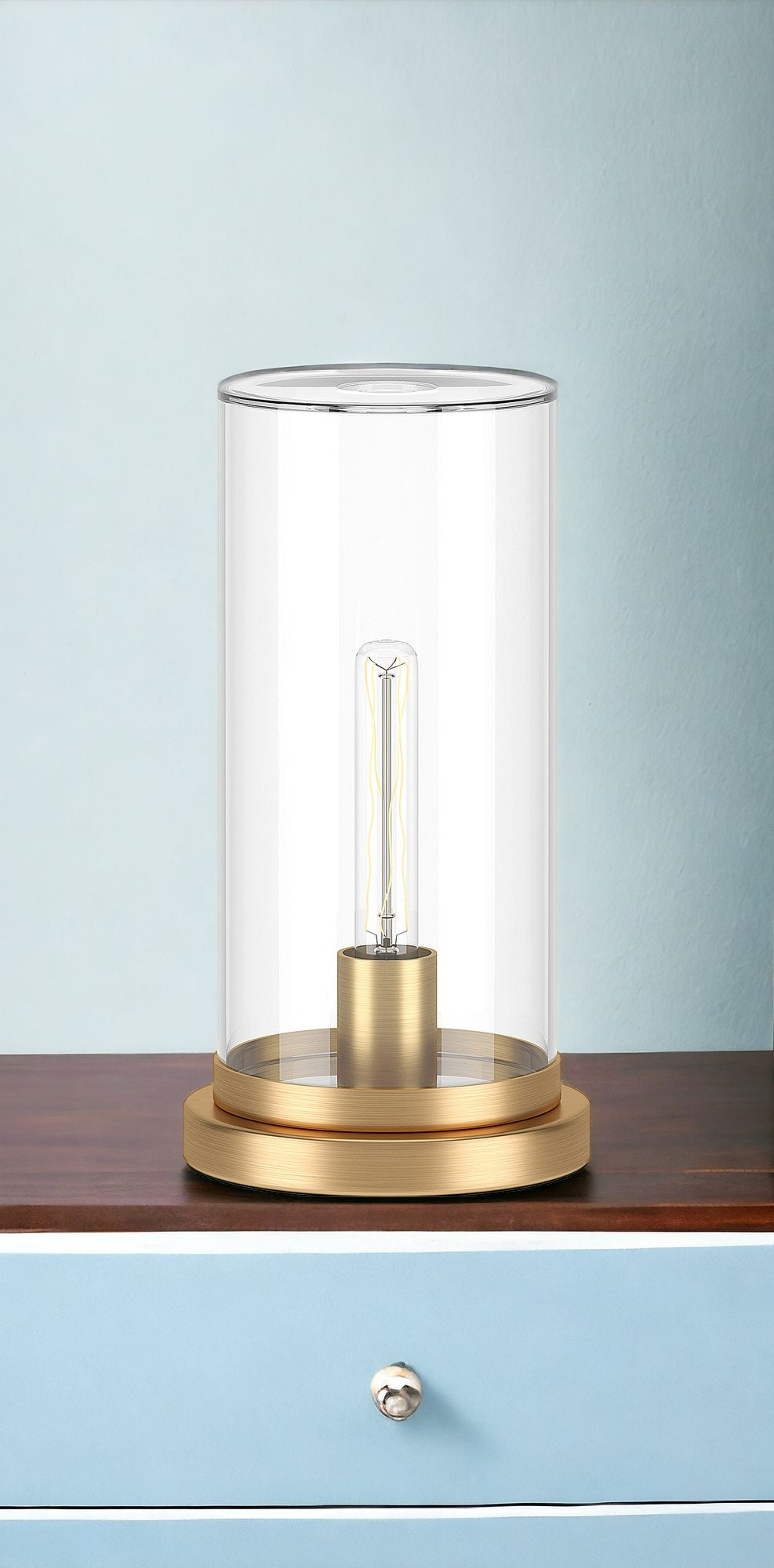 Homeroots 13" Brass Metal Table Lamp With Clear Cylinder Shade   546135