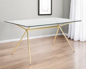 Homeroots 60" Stylish Clear Glass And Gold Steel Dining Table - Modern Elegance For Entertaining And Dining   546175