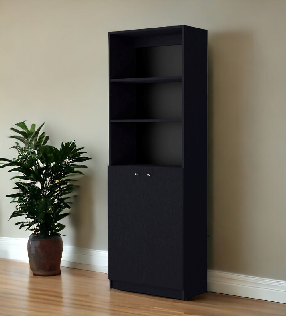 Homeroots 71" Black Five Tier Bookcase With Two Doors   546189