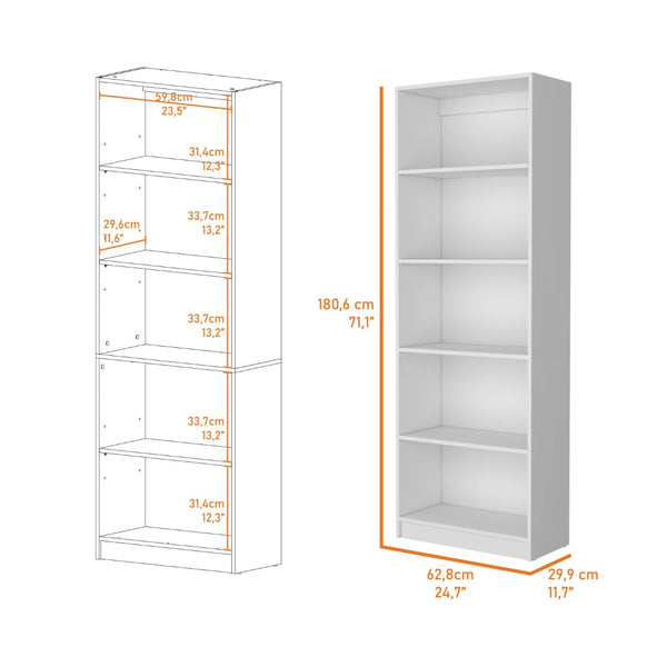 HomeRoots 71" White Wood Five-Tier Bookcase - Stylish Vertical Storage Solution for Home & Office Spaces 546191
