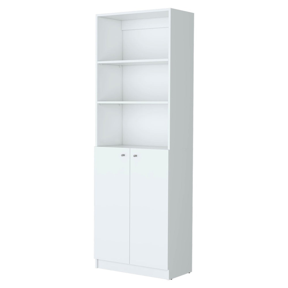 HomeRoots 71" White Wood Three-Tier Bookcase with Two Doors – Stylish Storage Solution for Home or Office 546193