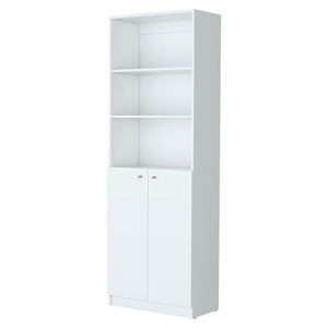 HomeRoots 71" White Wood Three-Tier Bookcase with Two Doors – Stylish Storage Solution for Home or Office 546193