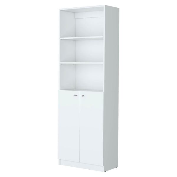 HomeRoots 71" White Wood Three-Tier Bookcase with Two Doors – Stylish Storage Solution for Home or Office 546193