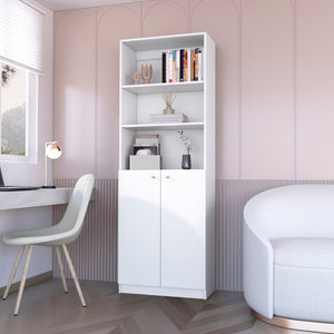 HomeRoots 71" White Wood Three-Tier Bookcase with Two Doors – Stylish Storage Solution for Home or Office 546193