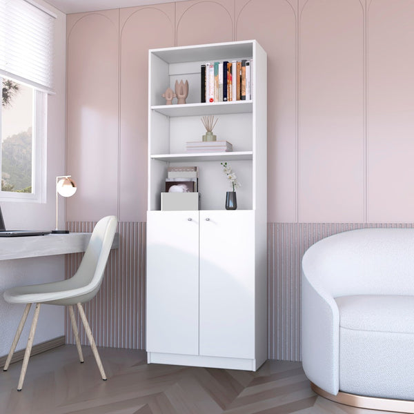 HomeRoots 71" White Wood Three-Tier Bookcase with Two Doors – Stylish Storage Solution for Home or Office 546193