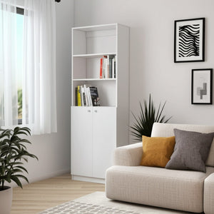 HomeRoots 71" White Wood Three-Tier Bookcase with Two Doors – Stylish Storage Solution for Home or Office 546193