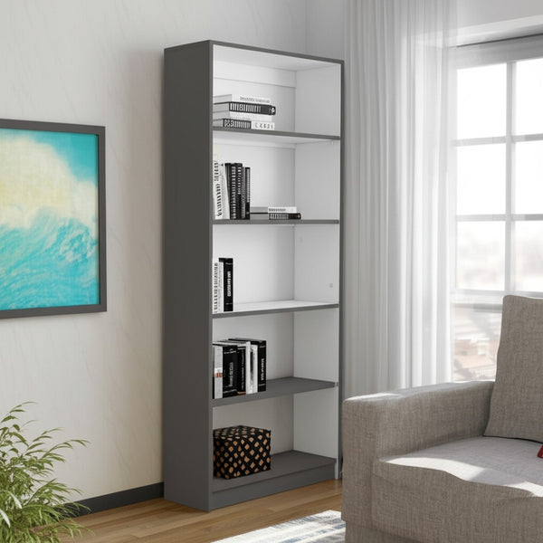 HomeRoots 71" Gray and White Wood Five-Tier Bookcase - Stylish Storage Solution for Modern Spaces and Decor 546195
