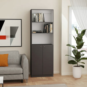 HomeRoots 71" Stylish Gray and White Three-Tier Bookcase with Doors – Modern Storage Solution for Any Room 546197