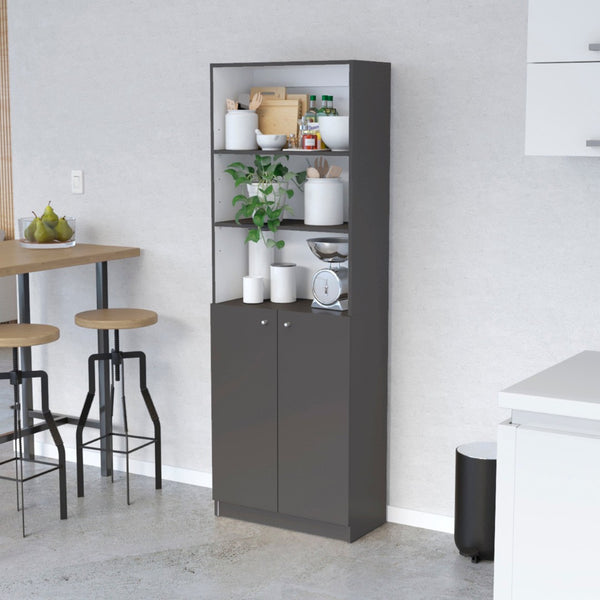 HomeRoots 71" Stylish Gray and White Three-Tier Bookcase with Doors – Modern Storage Solution for Any Room 546197