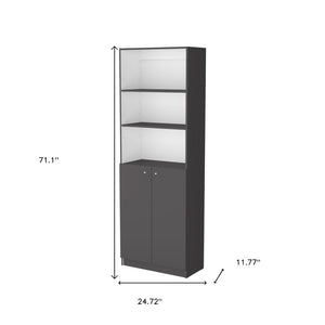 HomeRoots 71" Stylish Gray and White Three-Tier Bookcase with Doors – Modern Storage Solution for Any Room 546197