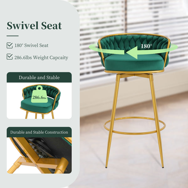 English Elm Christopher Knight Home® - Swivel Counter Height Bar Stools Set of 2 with 180° Turn, Hand-Woven Back, Gold Frame, Velvet Comfort Green N762P216979F