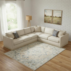 Beige Blue Floral Medallion Washable Polyester Area Rug for Living and Dining Room Decor