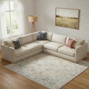 Beige Blue Floral Medallion Washable Polyester Area Rug for Living and Dining Room Decor