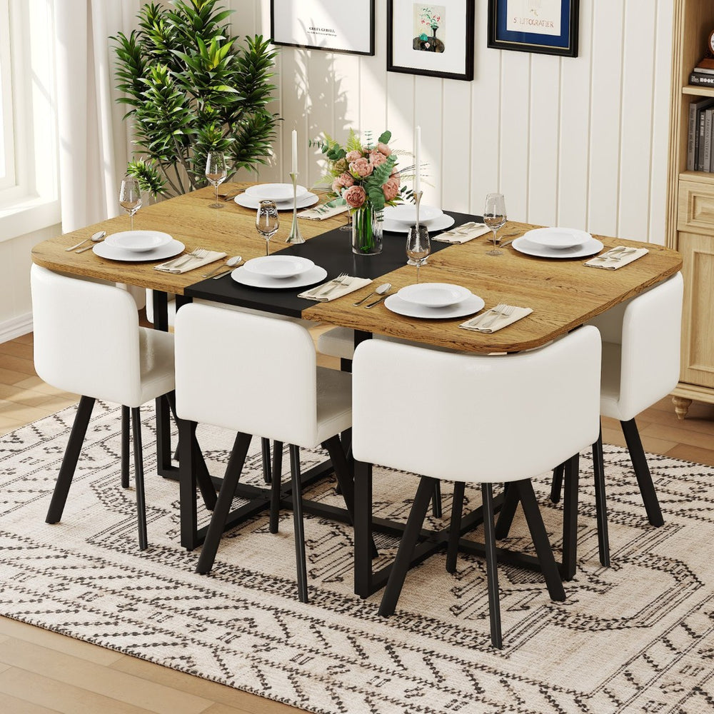 English Elm 7-piece Rectangular Dining Set Seats 6 with Faux Leather Chairs and Melamine Top Black,White,Wood W3875S00111