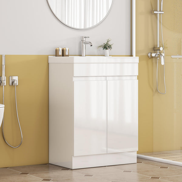English Elm 24-Inch Bathroom Vanity With Integrated Sink & Mirror, Modern Handle-Free Design, Soft-Close Doors & Storage W3151S00057