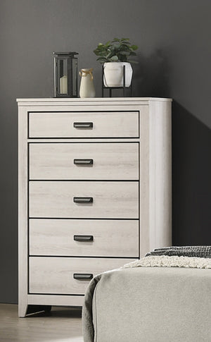 English Elm 1pc Rustic Contemporary Chest with Five Deep Drawers, Black Handles, Space-Saving Wooden Bedroom Storage Beige 38.27 L x 18.58 W x 56.89 H B011P230843