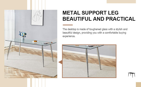 English Elm Modern Tempered Glass Dining Table Seats Six with Sleek Silver Legs for Open Spaces W1151S03176