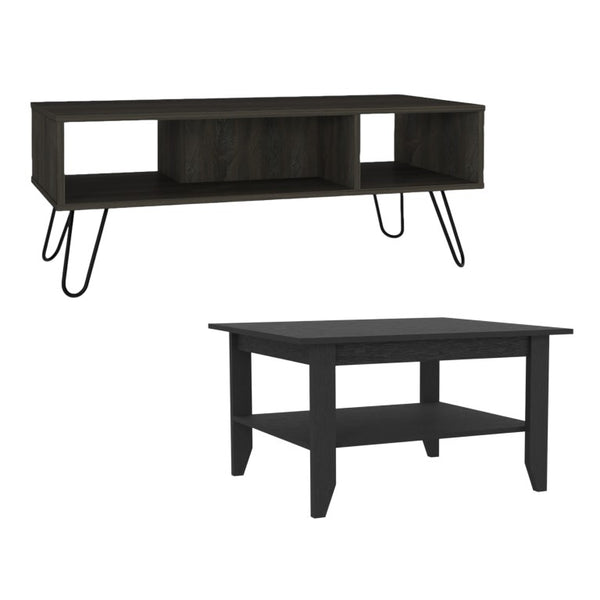 HomeRoots Set of Two Dual Shelf Wood Coffee Tables for Living Room Modern Storage Display 546333