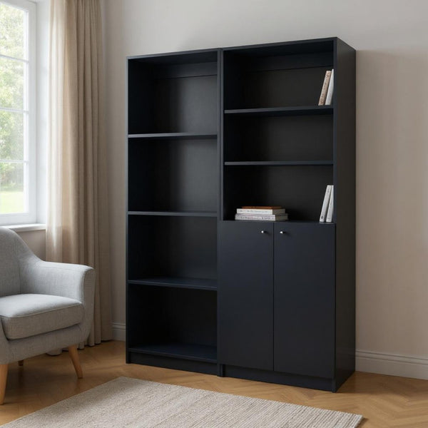 HomeRoots Set of Two 71" Black Five-Tier Bookcases with Doors - Stylish Storage for Home & Office Spaces 546336